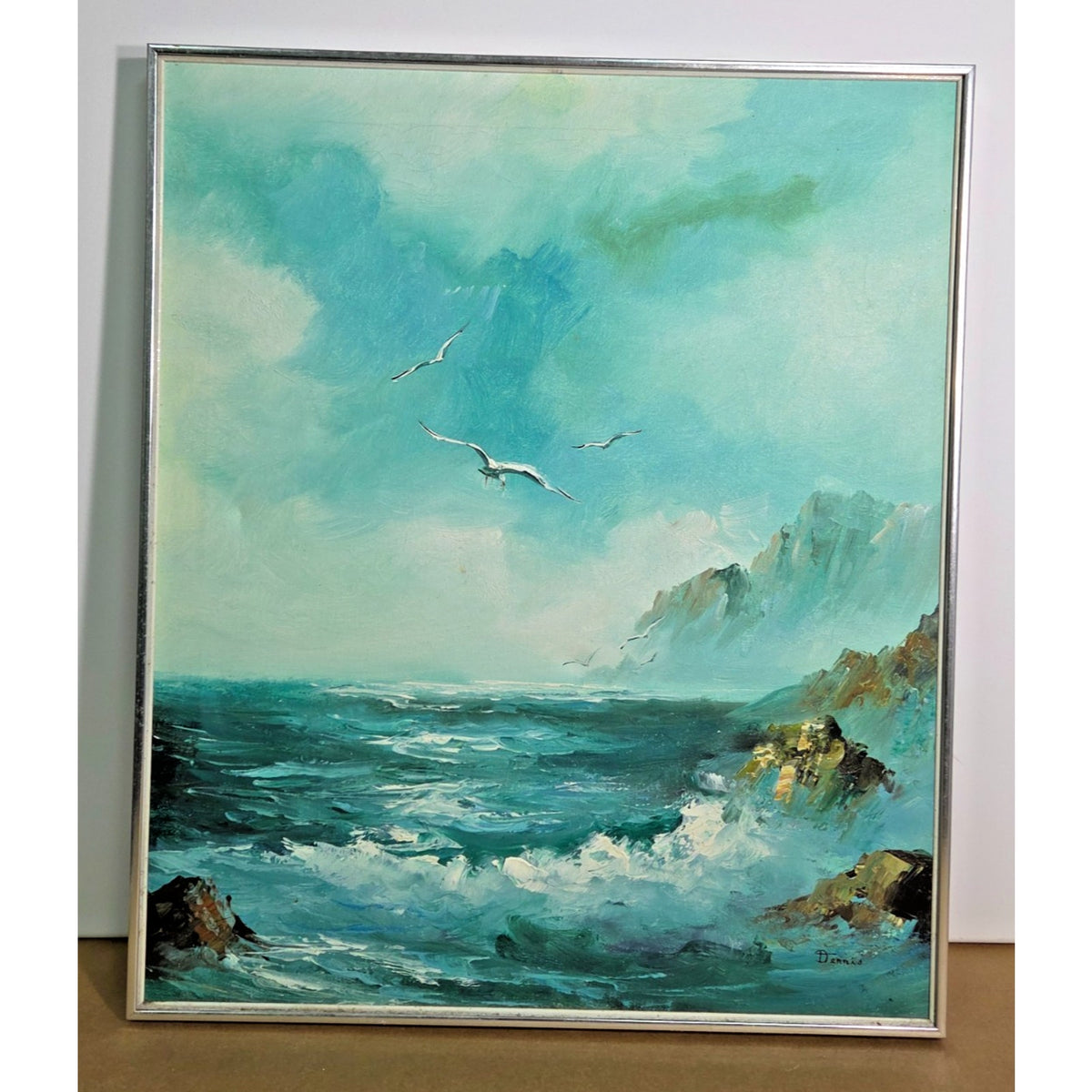 Vintage Impasto Seascape Painting Signed Dennis Mid-Century Silver Frame