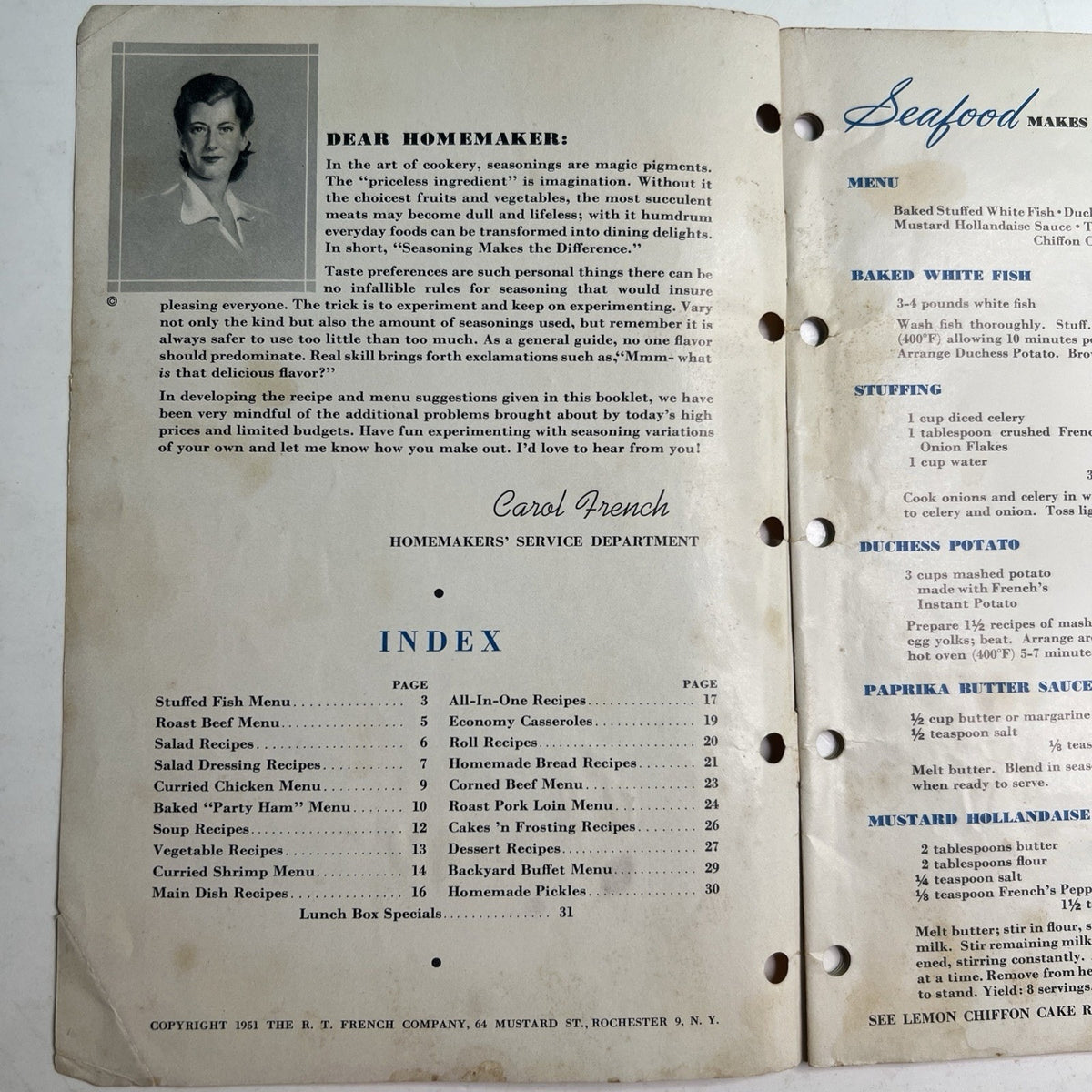 Seasoning Makes The Difference by Carol French Cookbook 1951 Recipes