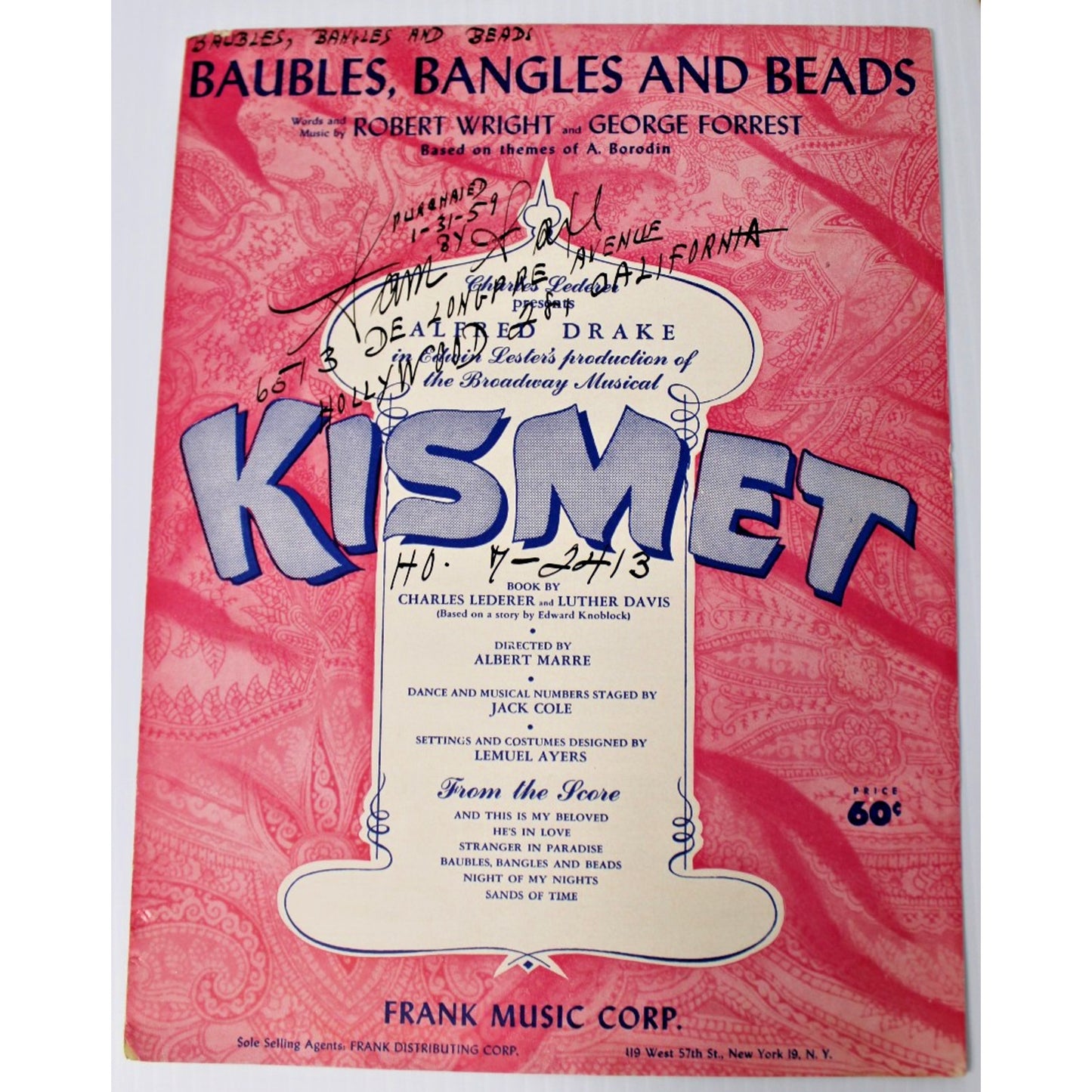 4 Vintage Pc. Sheet Music, Signed & Dated Hollywood, CA, 1950s, Professional