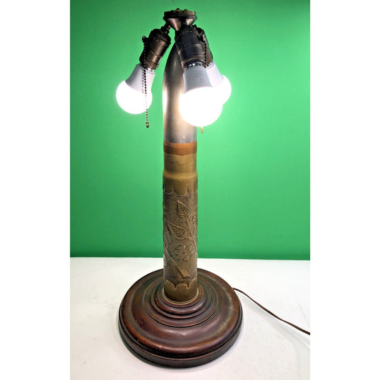 Trench Art Etched Artillery Shell Table Lamp, 3 Light, Wood Base 23” H - Works