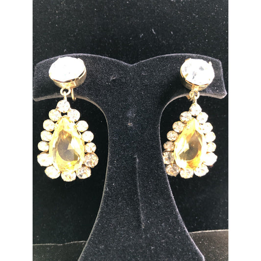 Vintage Showstopper Clip On Earrings Faux Stones Yellow Teardrop & Round Shape