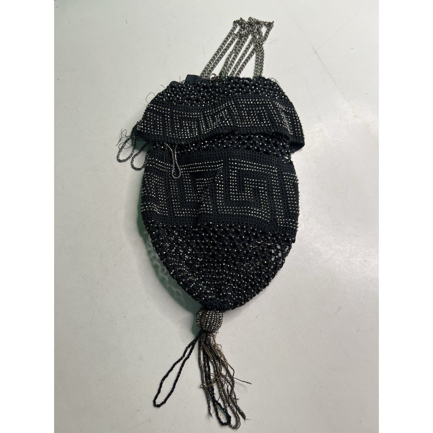 Antique Black & Silver Steel Bead Fringe Flapper Purse Greek Key NEEDS REPAIR