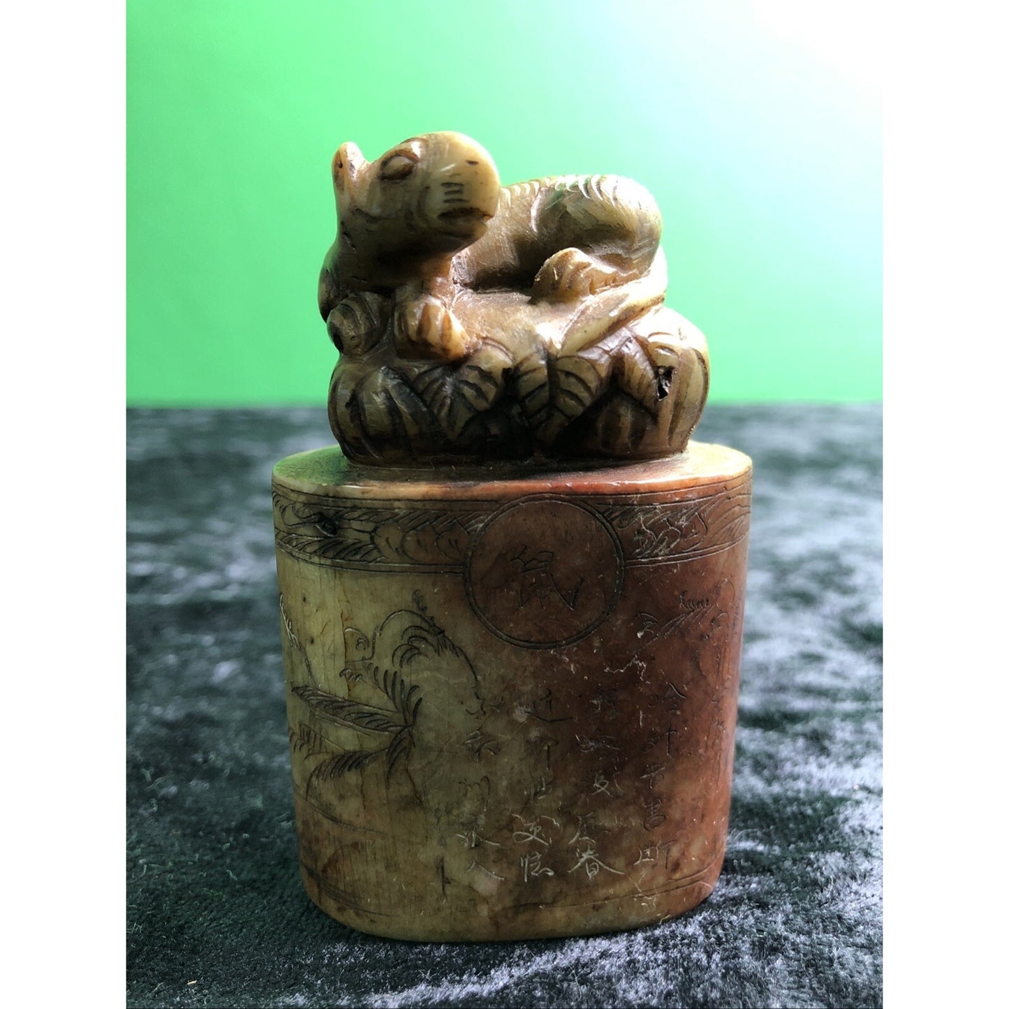 Antique Chinese Intricately Carved Stone Chop Seal Figural Rat Weasel