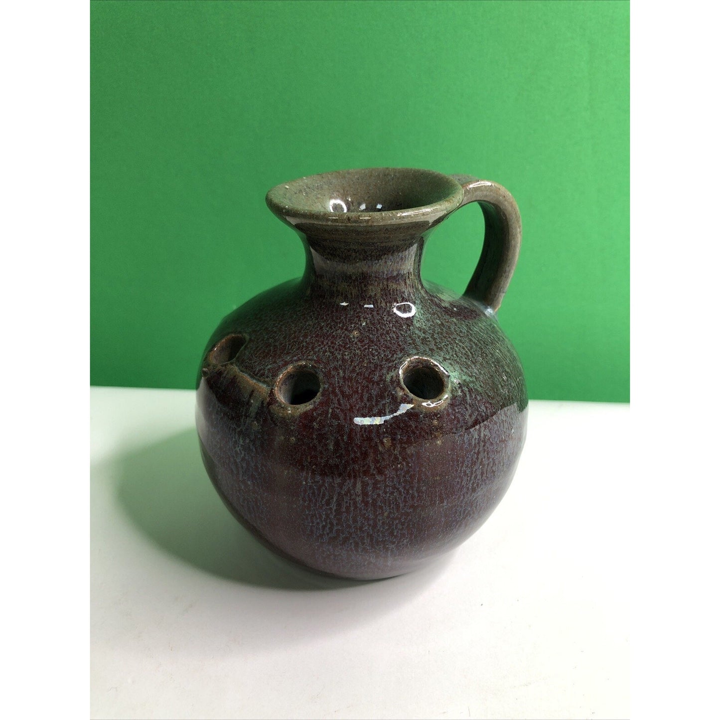 Vintage HAND MADE Studio Art Pottery FLOWER FROG JUG Vase Glazed Holes 4.5” High
