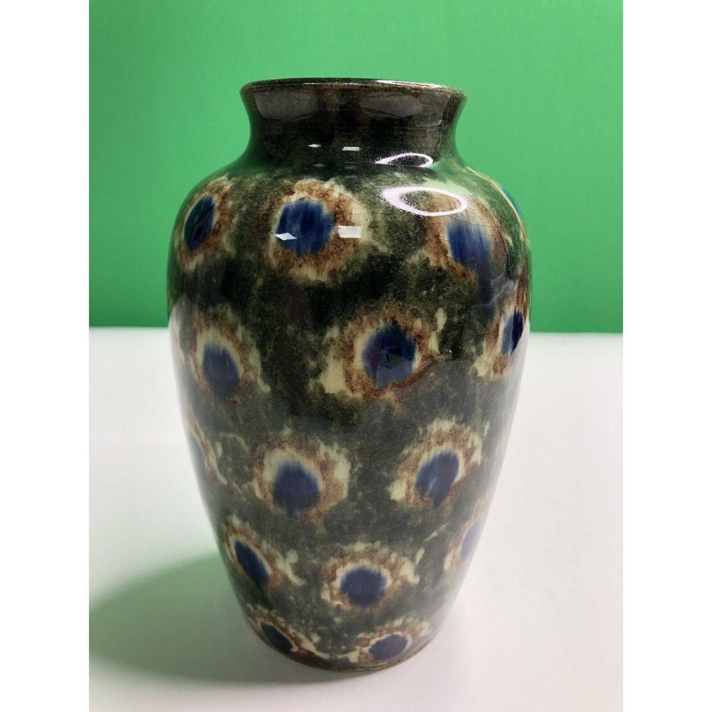 Early 1900s Antique FRIEDRICH FESTERSEN BUNZLAU PEACOCK Studio Art POTTERY VASE