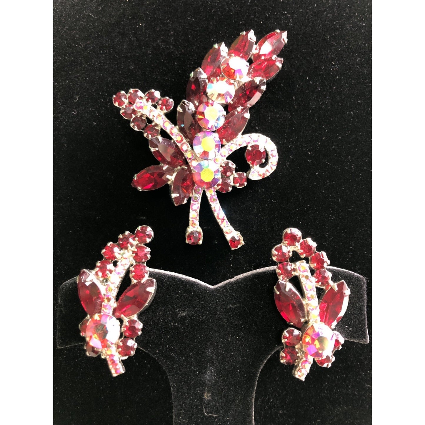 Vintage Rhinestone Brooch & Clip On Earring Set Red