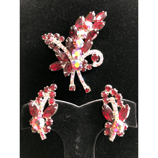 Vintage Rhinestone Brooch & Clip On Earring Set Red