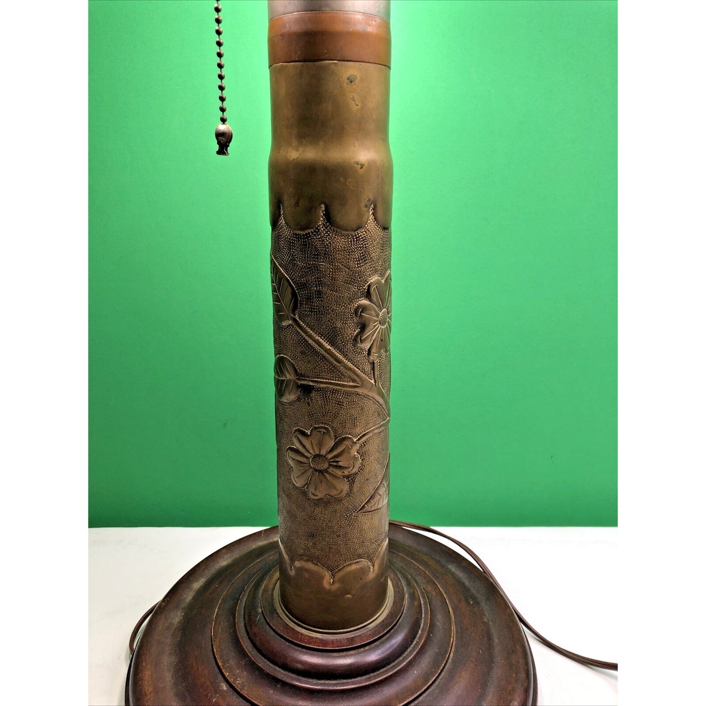 Trench Art Etched Artillery Shell Table Lamp, 3 Light, Wood Base 23” H - Works