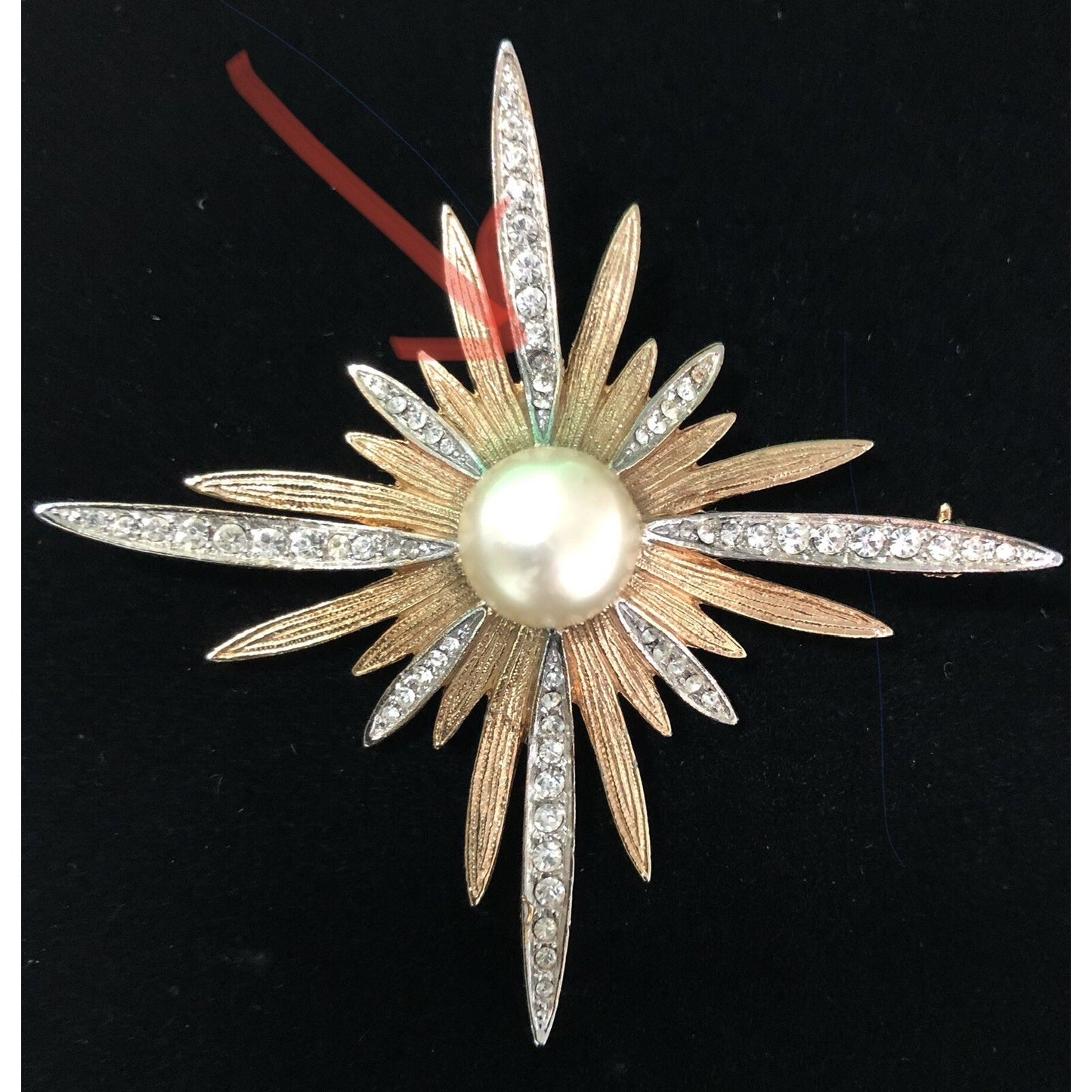 MCM Starburst Brooch Pin & Clip On Earrings Set Faux Pearl Rhinestone Stardust