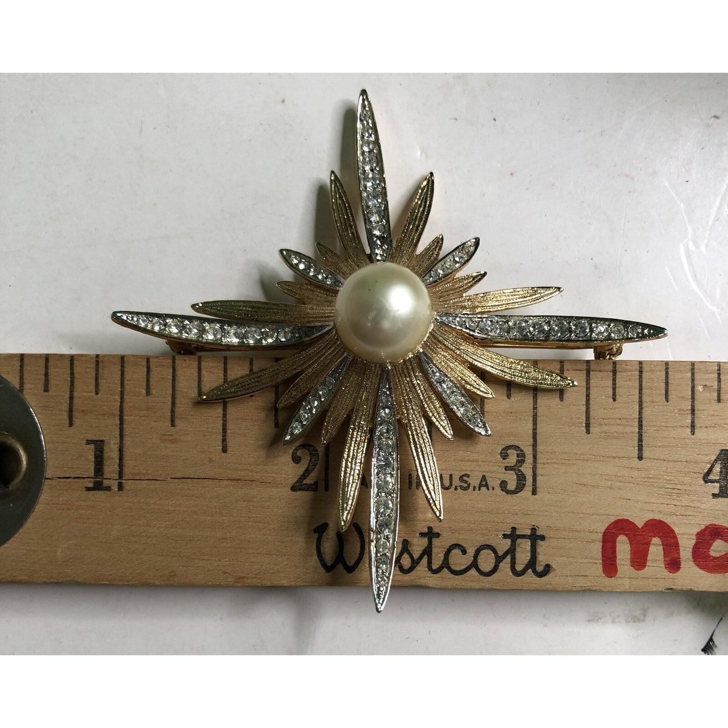 MCM Starburst Brooch Pin & Clip On Earrings Set Faux Pearl Rhinestone Stardust