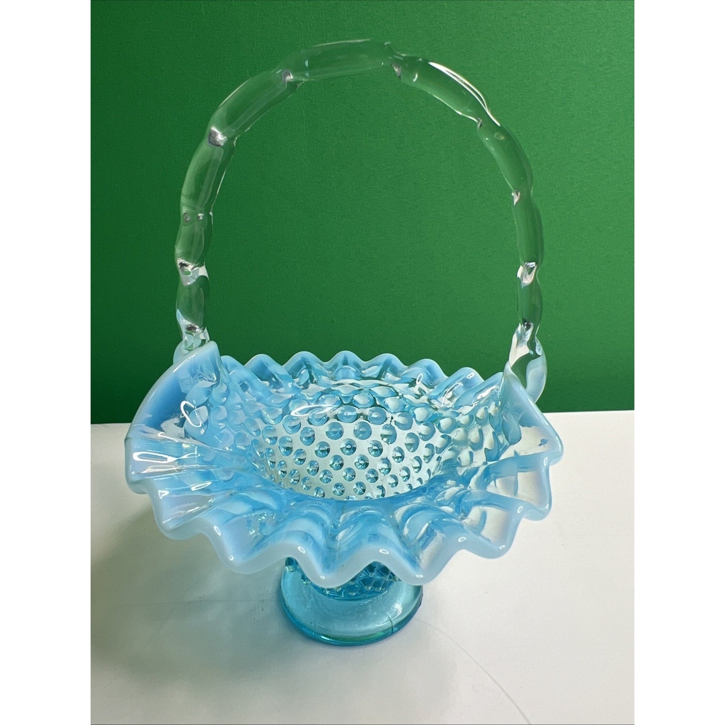 Vintage Fenton Blue Opalescent Hobnail Basket Ruffled Glass with Handle 6” Tall