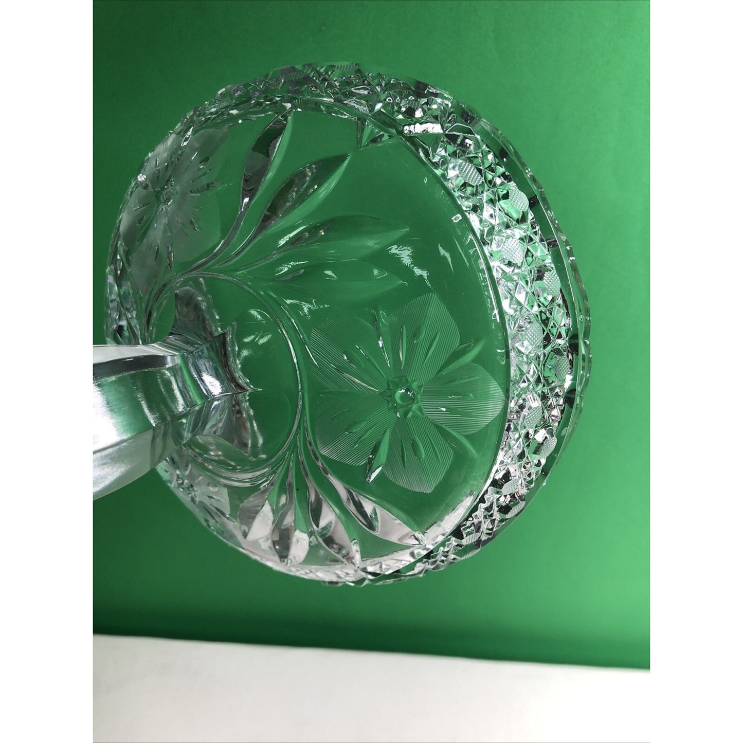 Beautiful Cut Glass Pedestal Compote Etched Flowers 8” Scalloped Edge