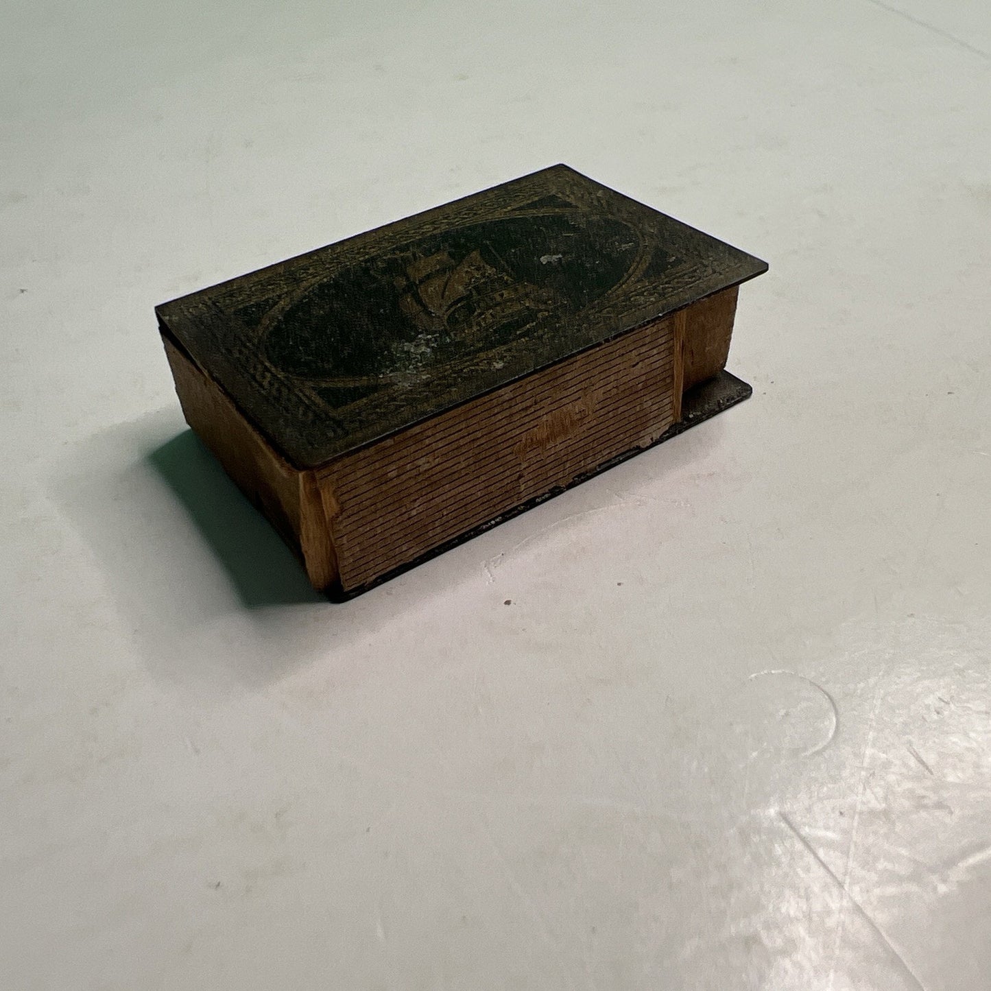 VTG Brass Small Matchbox Case Pirate Ship Compass Wooden Strike Holder