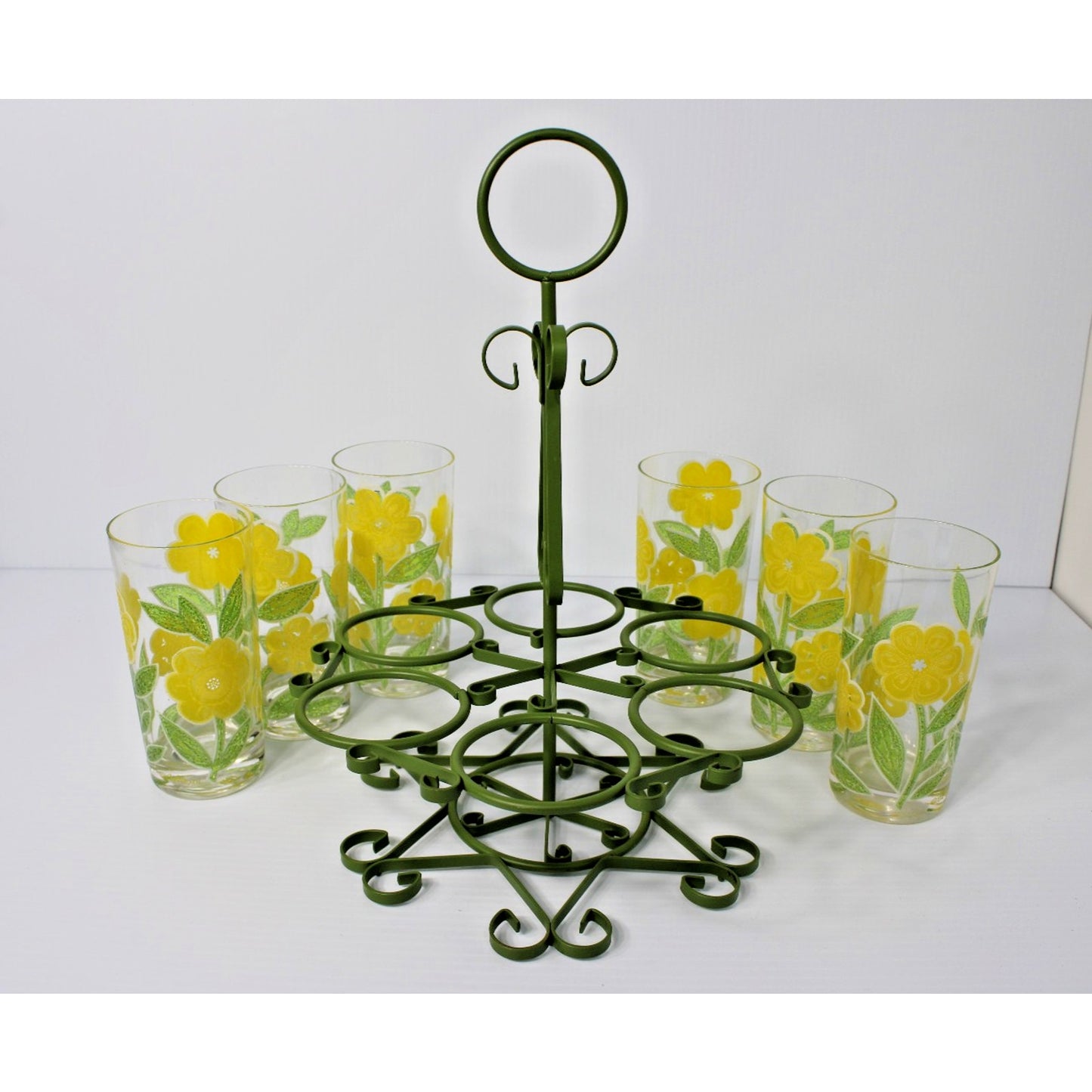 Vtg Mod Flower Culver HighBall Set 6 Tumblers Retro Caddy Glasses Iced Tea 12 oz