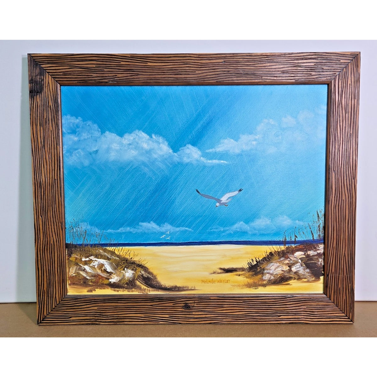Vintage 1974 Melanie Wesley Signed Coastal Impasto Painting - Rustic Bark Frame