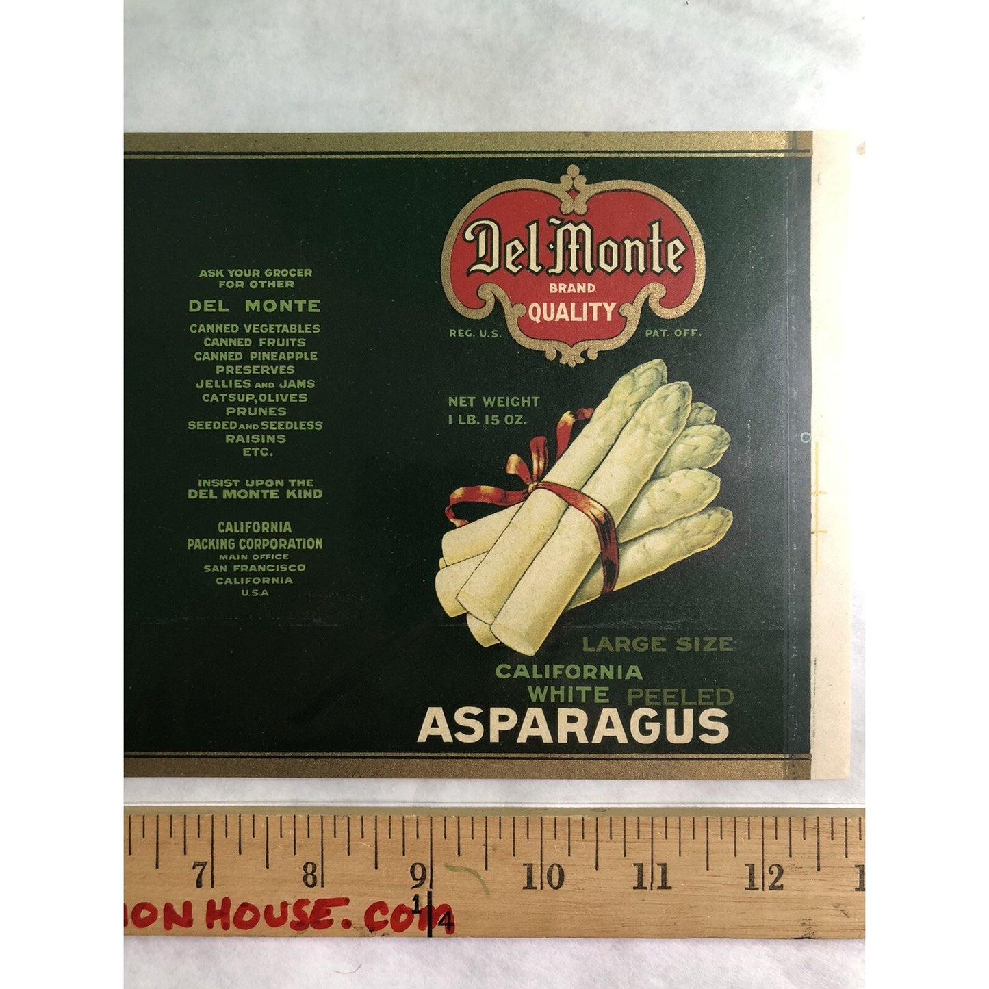 Vintage Ca 1930 DEL MONTE White Peeled Asparagus CAN LABEL Unused CA Packing
