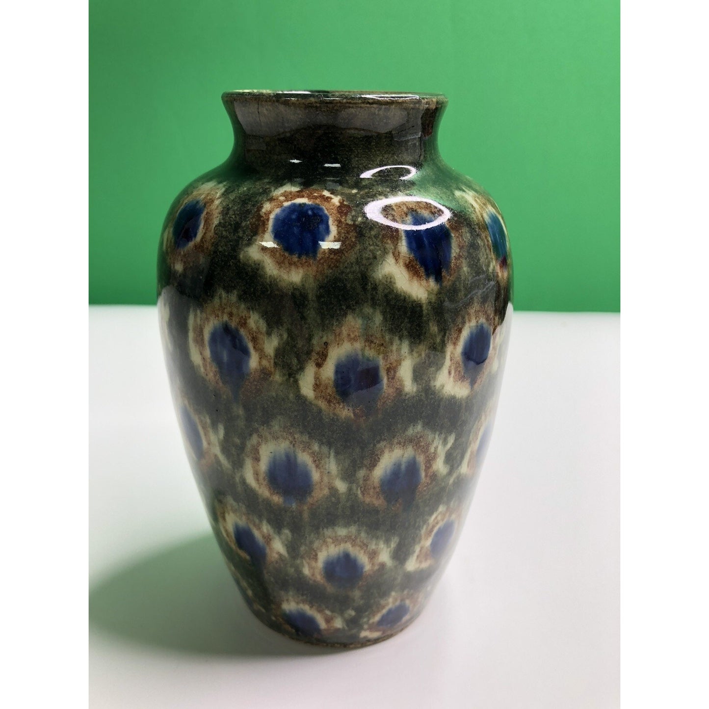 Early 1900s Antique FRIEDRICH FESTERSEN BUNZLAU PEACOCK Studio Art POTTERY VASE