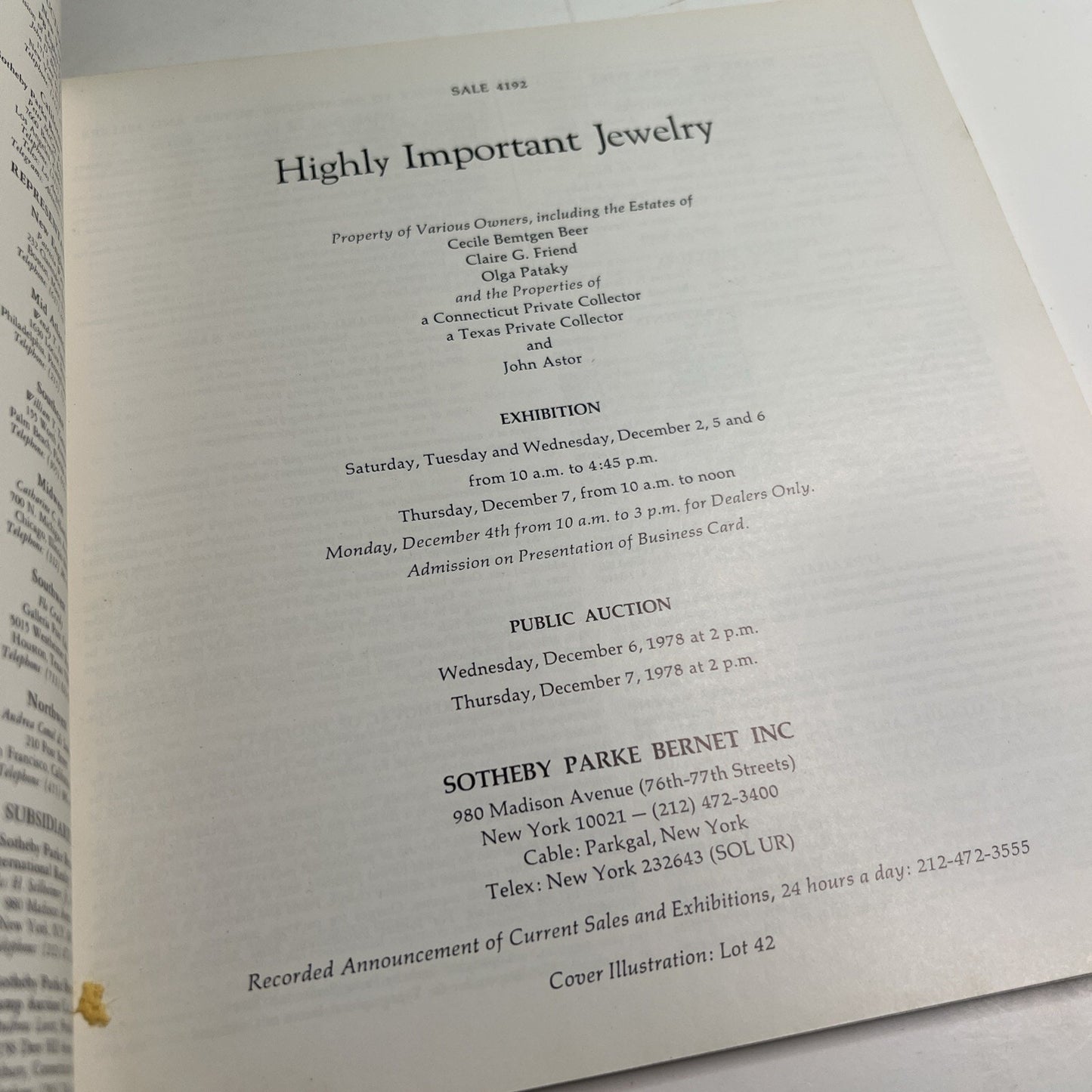 Sotheby’s Parke Bernet Auction Catalog December 1978 Highly Important Jewelry