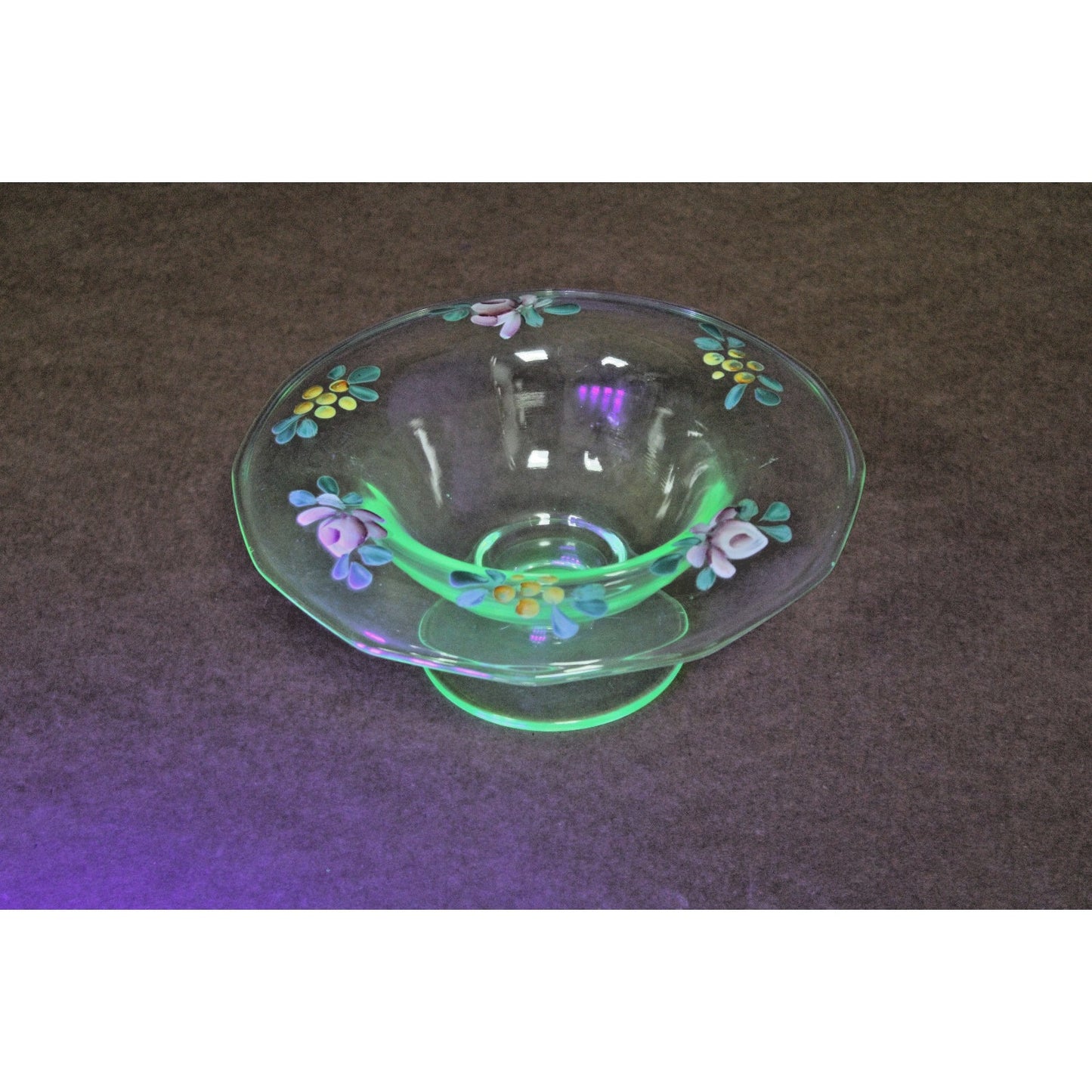 Vtg Bohemian Green Uranium Footed Compote Candy Dish Hand Painted Floral Design