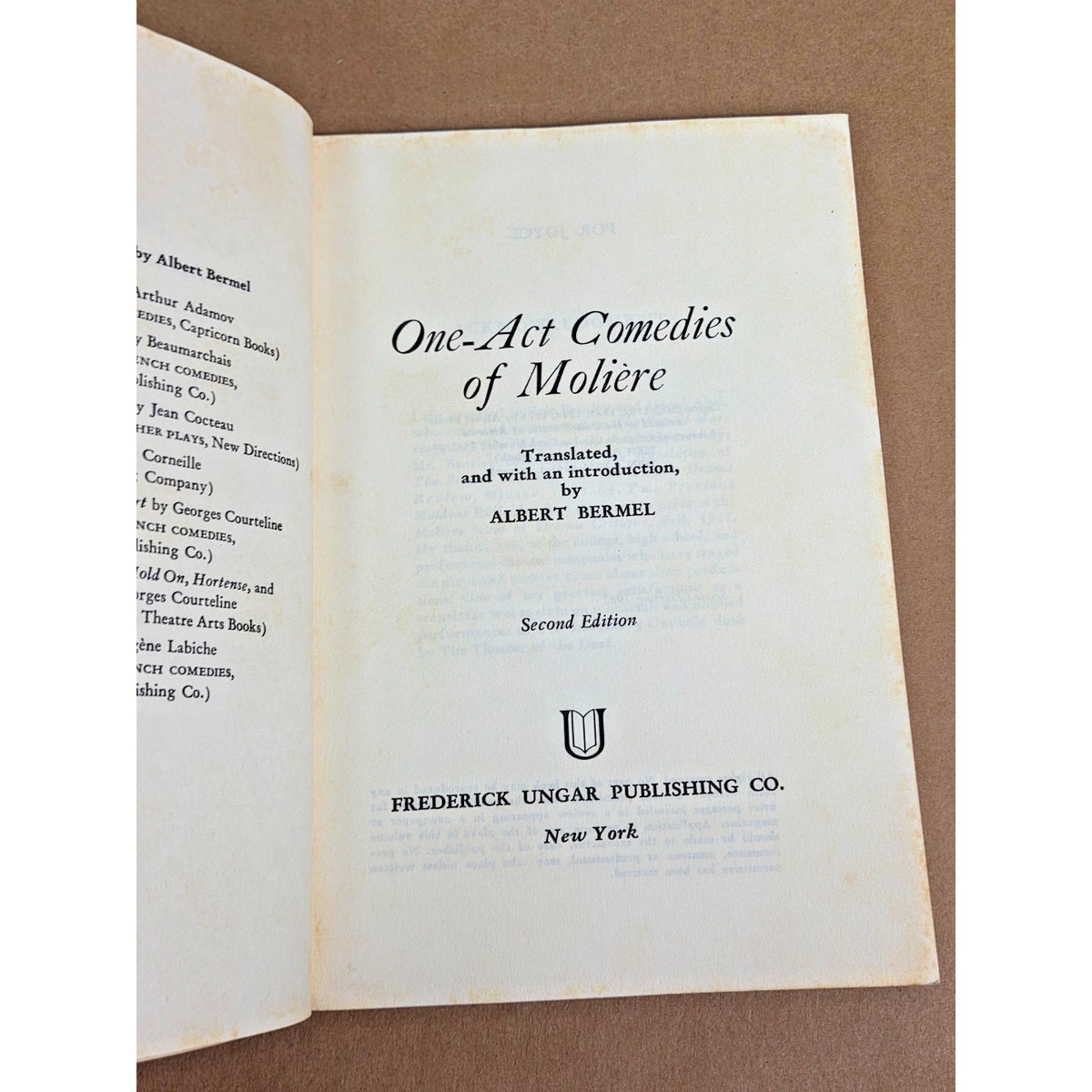 Vintage One-Act Comedies of Molière Paperback | Albert Bermel Translation 1982