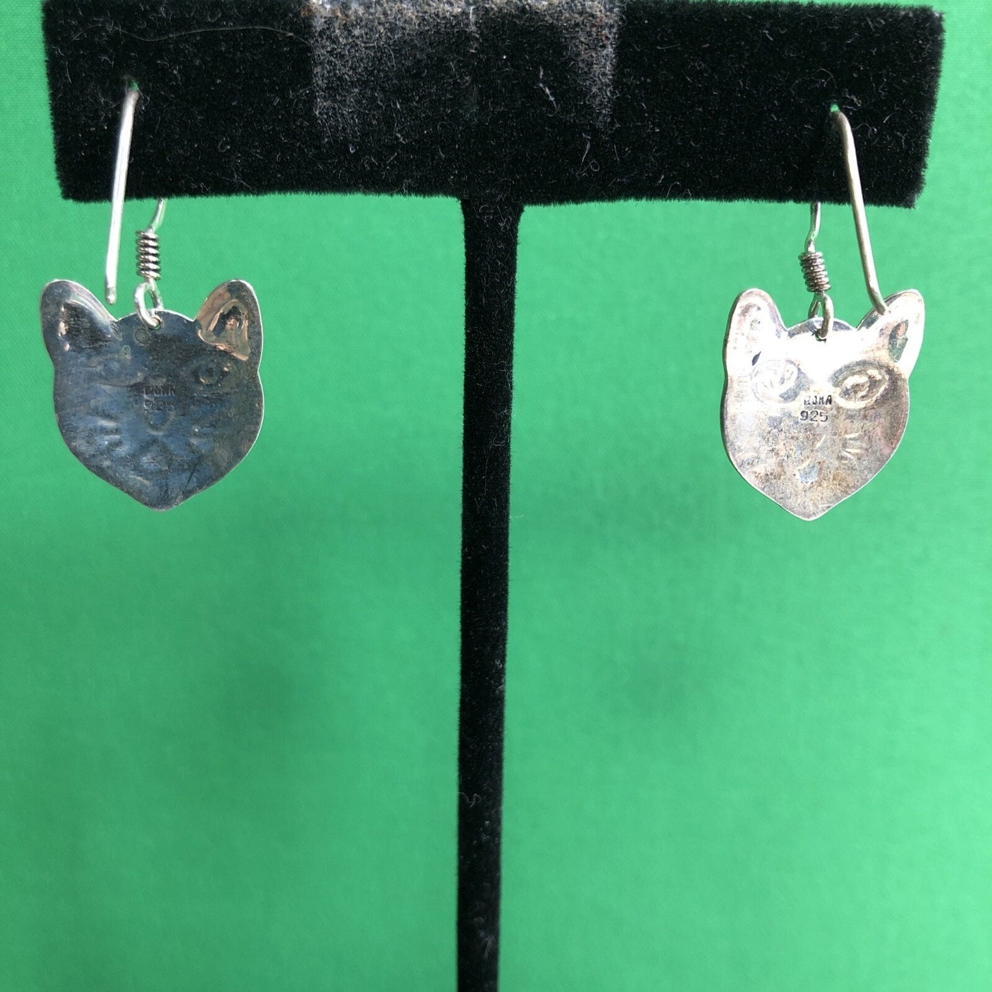 Vtg Mexican .925 Silver CAT Kitty Kitten Face Earrings Stamped Pierced Hook Wire