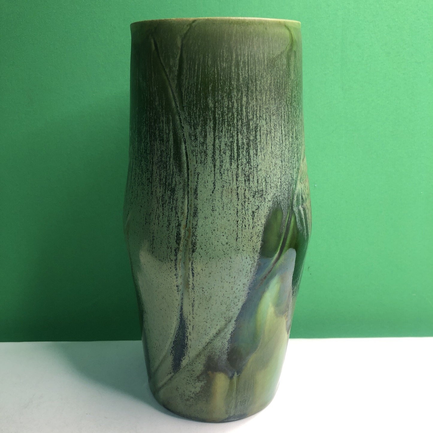 Vintage California Pottery Vase by Artist Hazel Hutchins Green Leaf/Plant Motif
