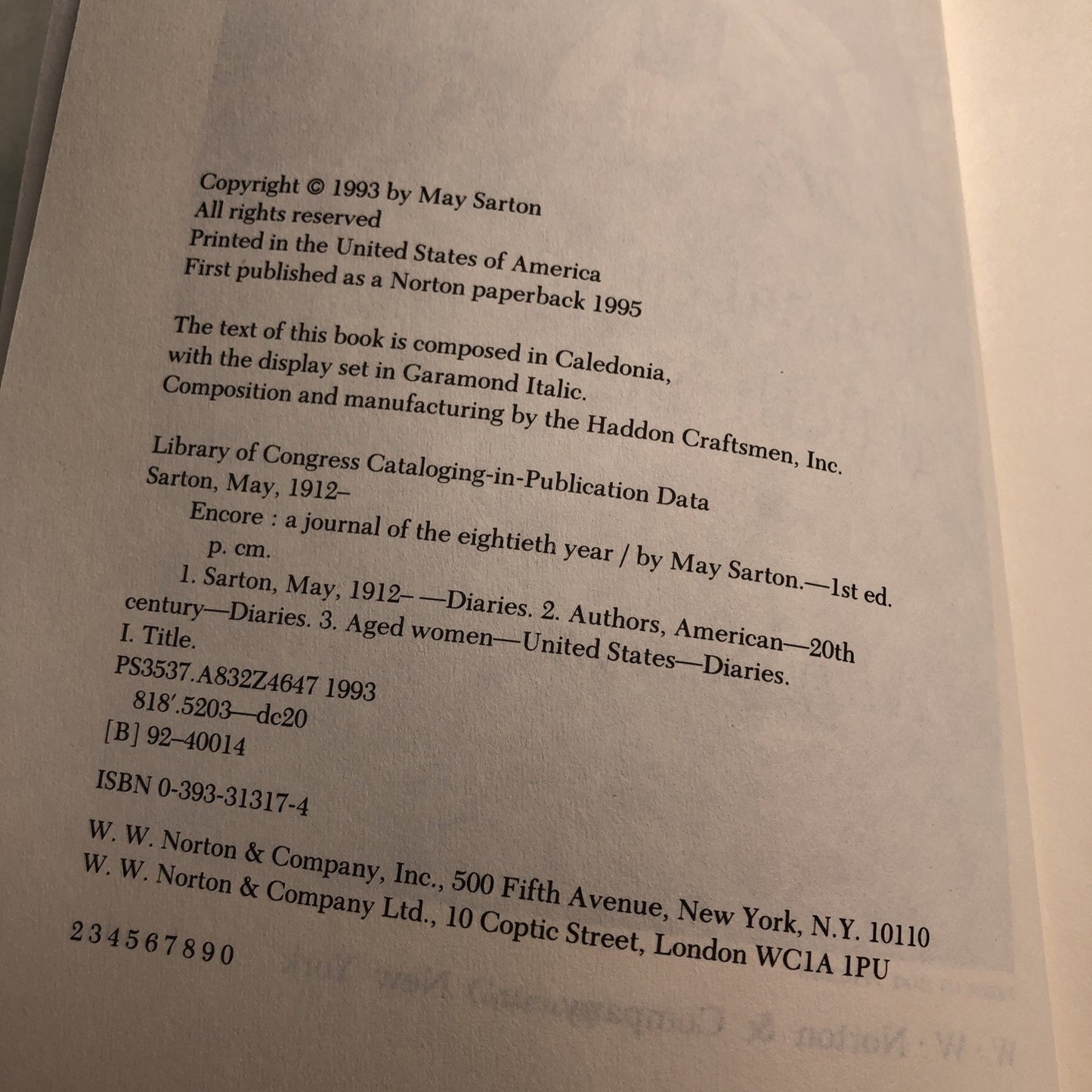 Encore: A Journal of the Eightieth Year by May Sarton 1993 PB Autobiography