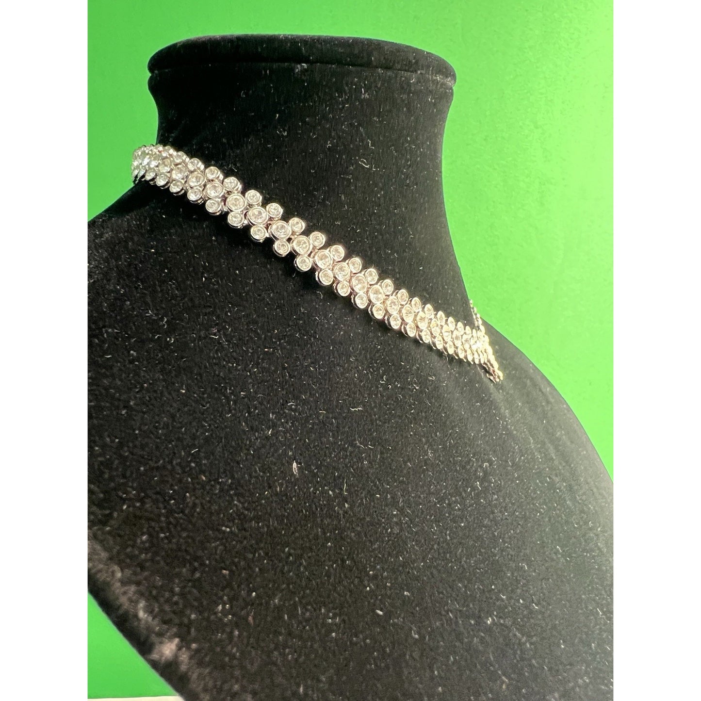 Bezel Set Rhinestone Collar Necklace Triple Layer V Drop 15” Long w/4” Extender