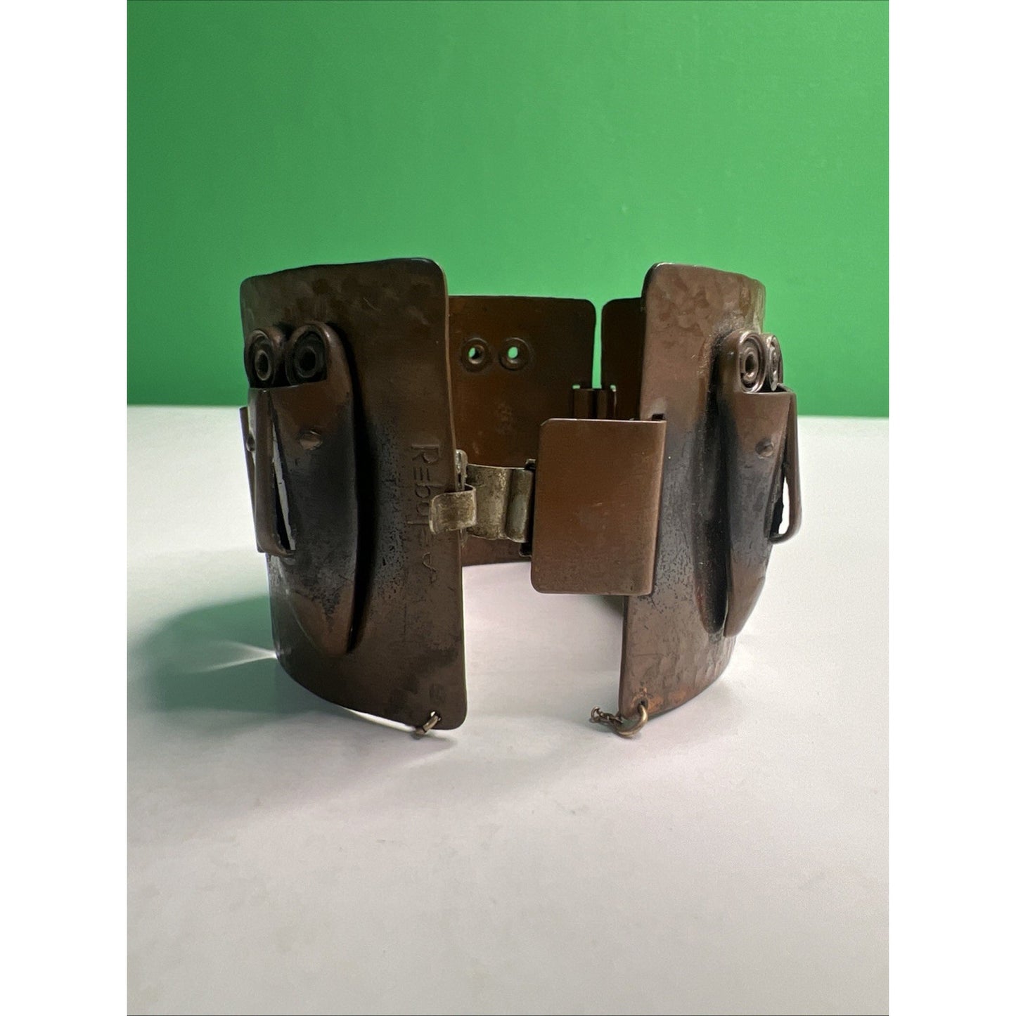 Rebajes Signed Vintage Tribal Masks Copper Bracelet 1950s Brazilian