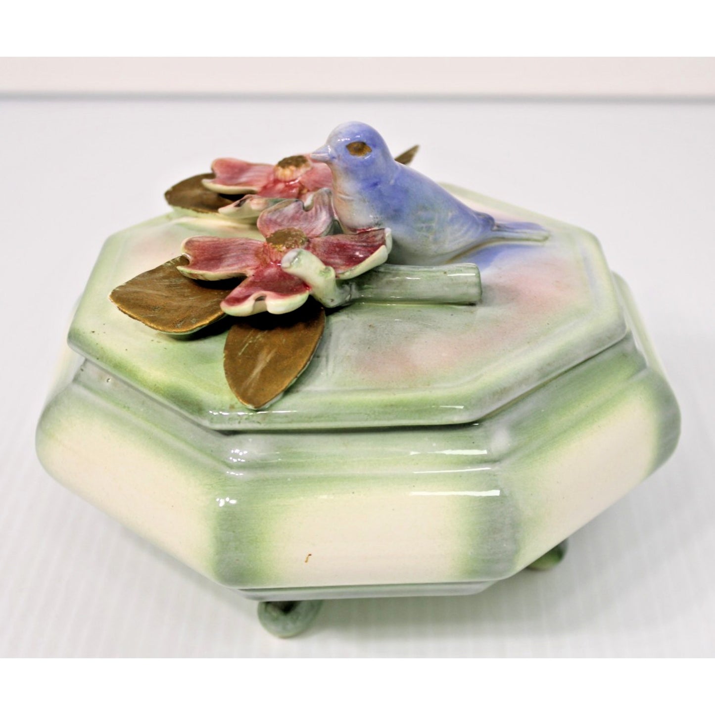 Vintage Lidded Candy Box, Ceramic Octagon with Bird and Floral Figures