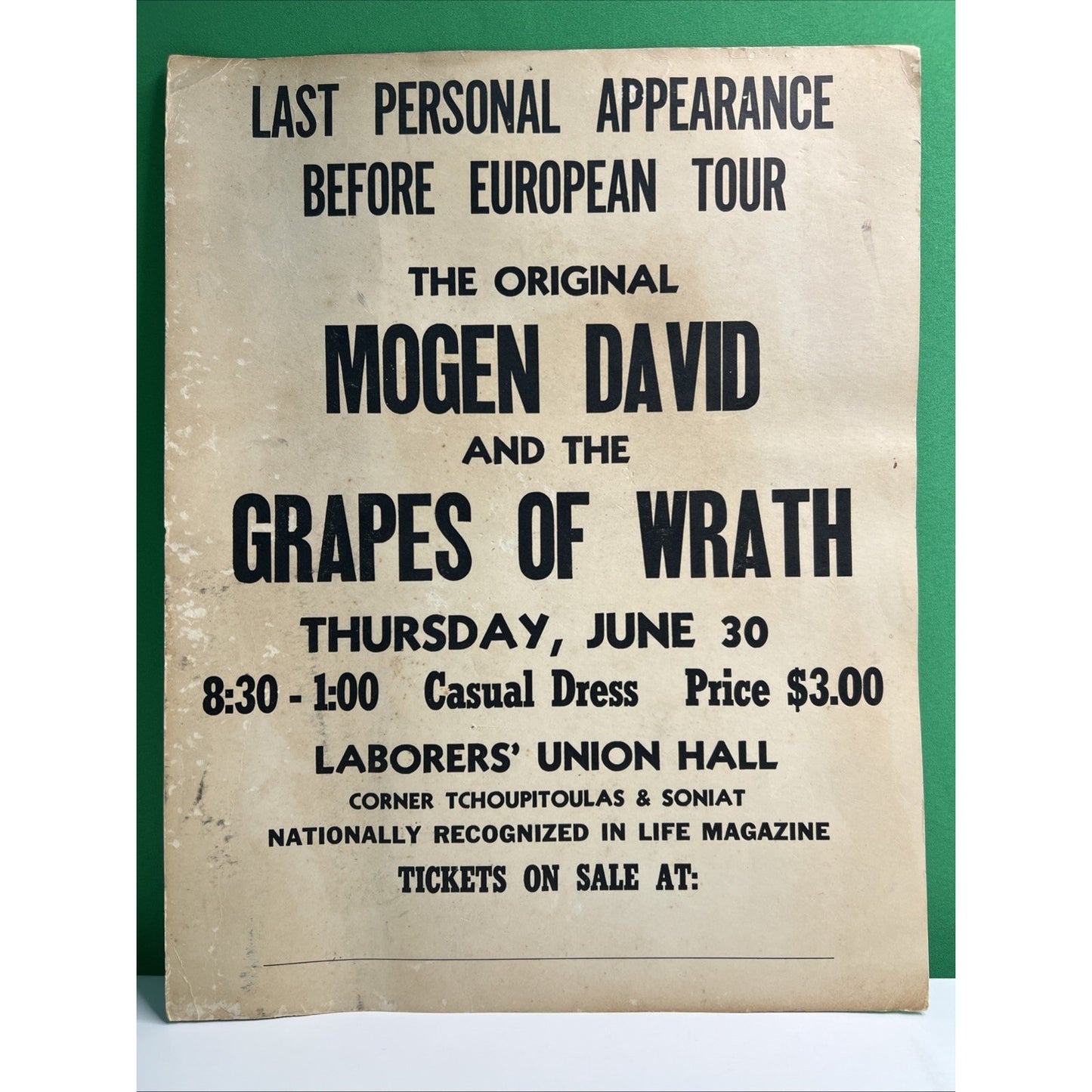 1966 Mogen David & Grapes Of Wrath New Orleans Concert Poster Garage Rock Band