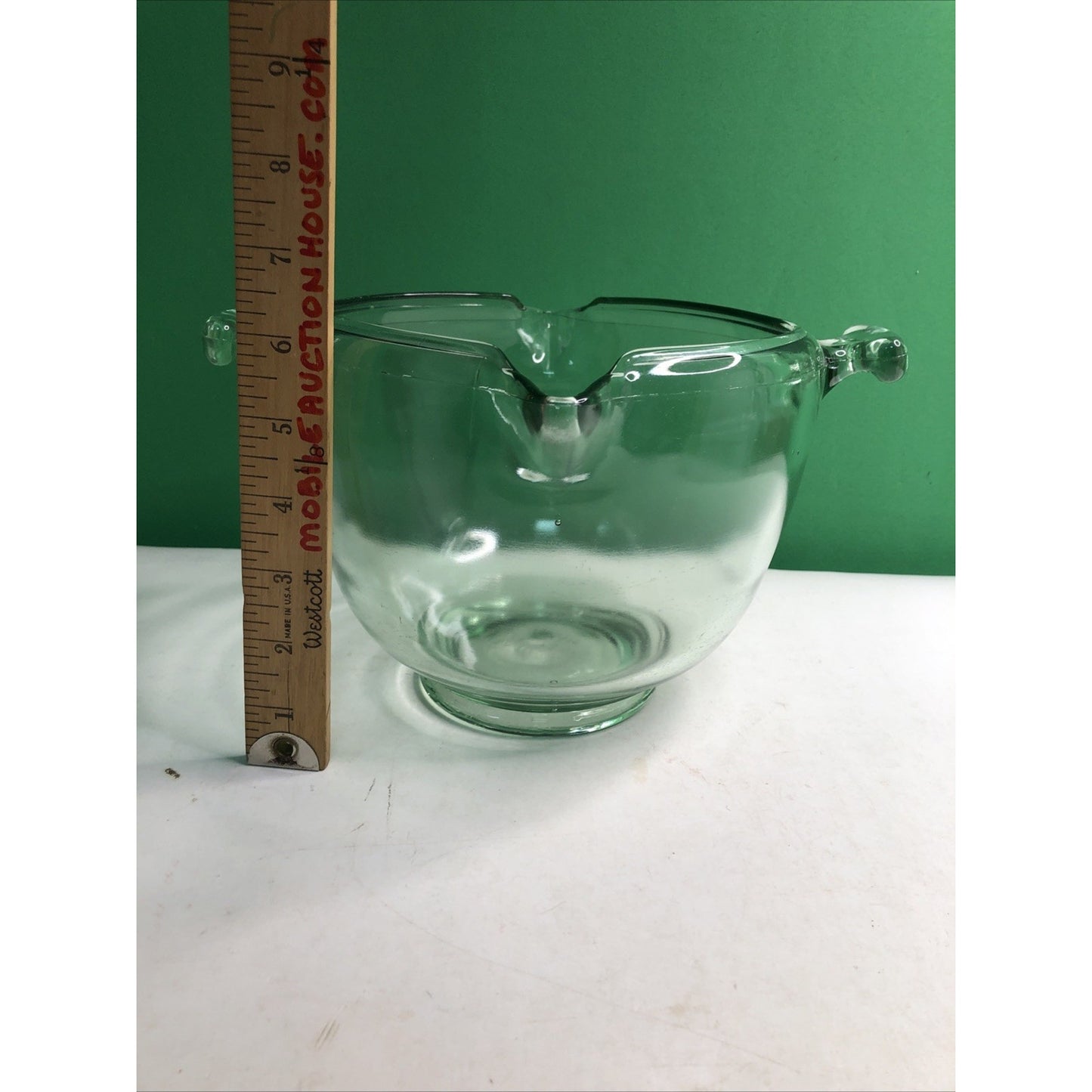 Vintage TUFGLAS Large Mixing Bowl Uranium Glass Double Spout Handled Depression