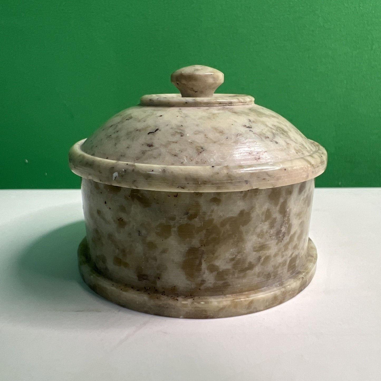 Carved Soapstone Small Inlaid Round Box Trinket Vanity Natural Stone Lid