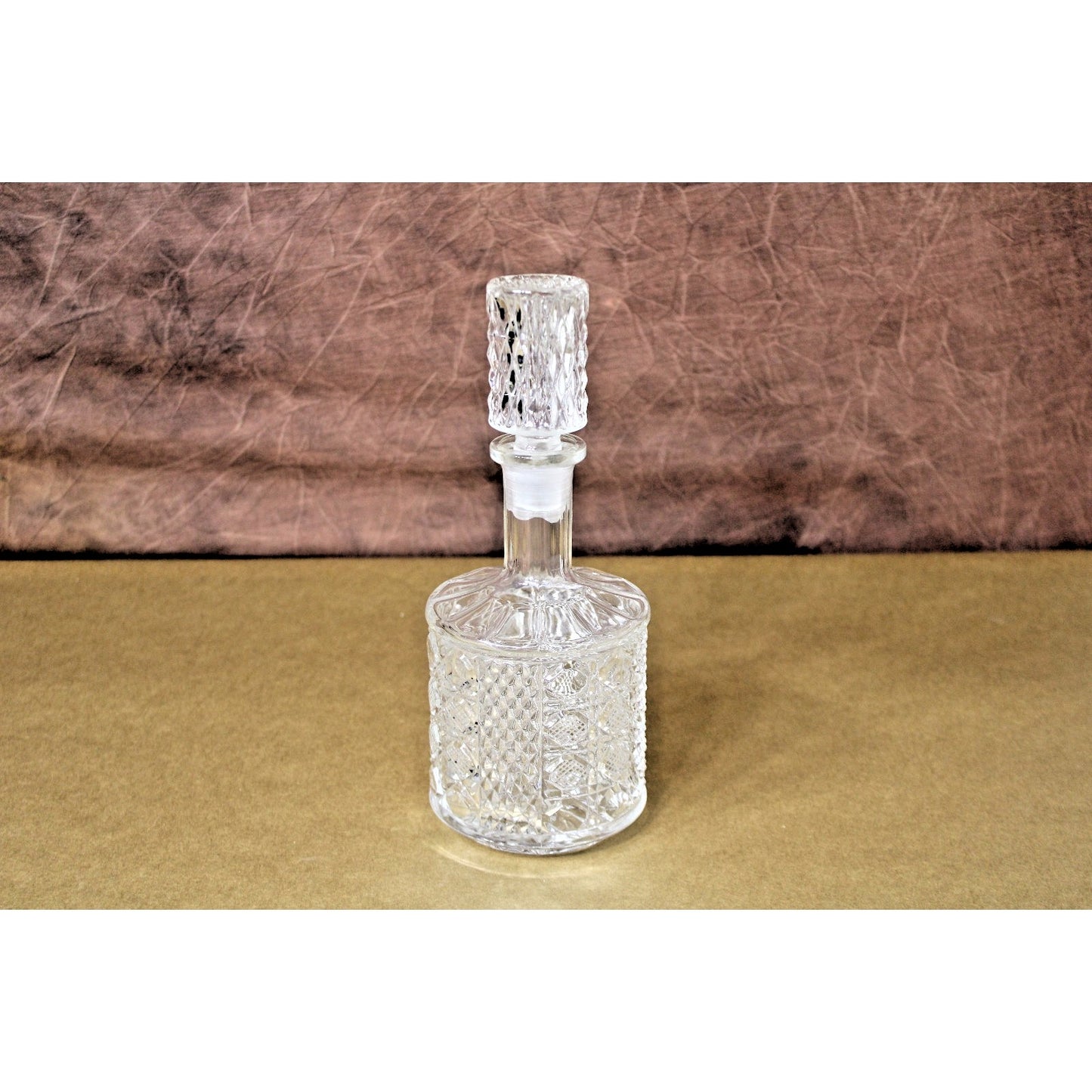 Vintage Lead Crystal 10” Decanter, Diamond Cut Glass Octagon Pattern Cylindrical