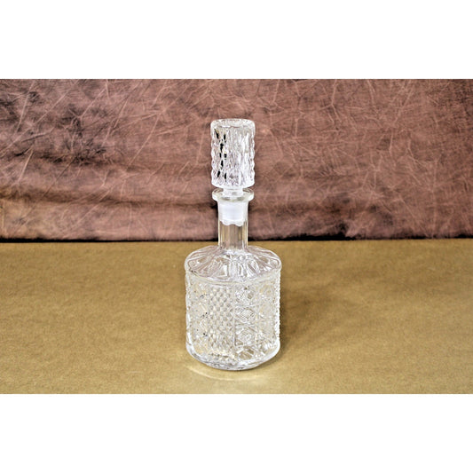 Vintage Lead Crystal 10” Decanter, Diamond Cut Glass Octagon Pattern Cylindrical