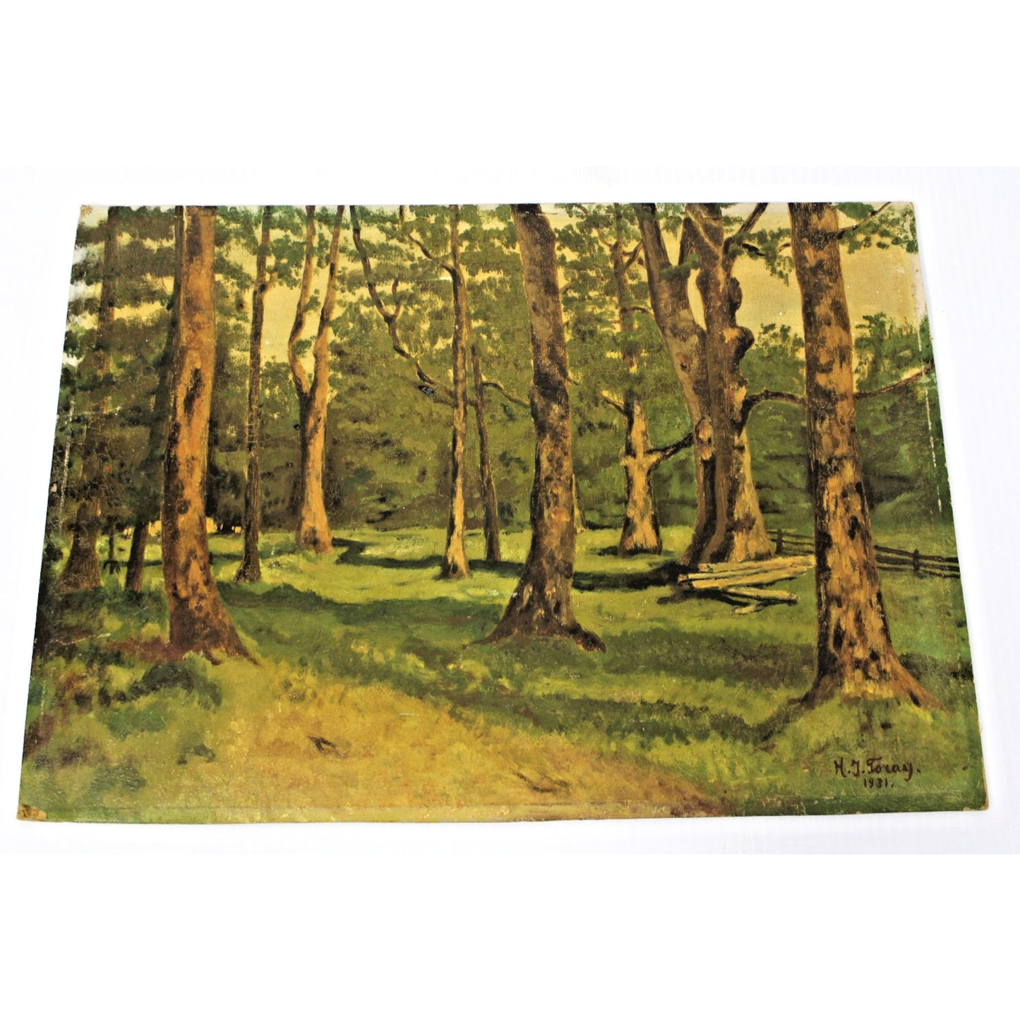 Small Oil on Board Painting, Wooded Scene, M.J. Toray, 1931- American Realism