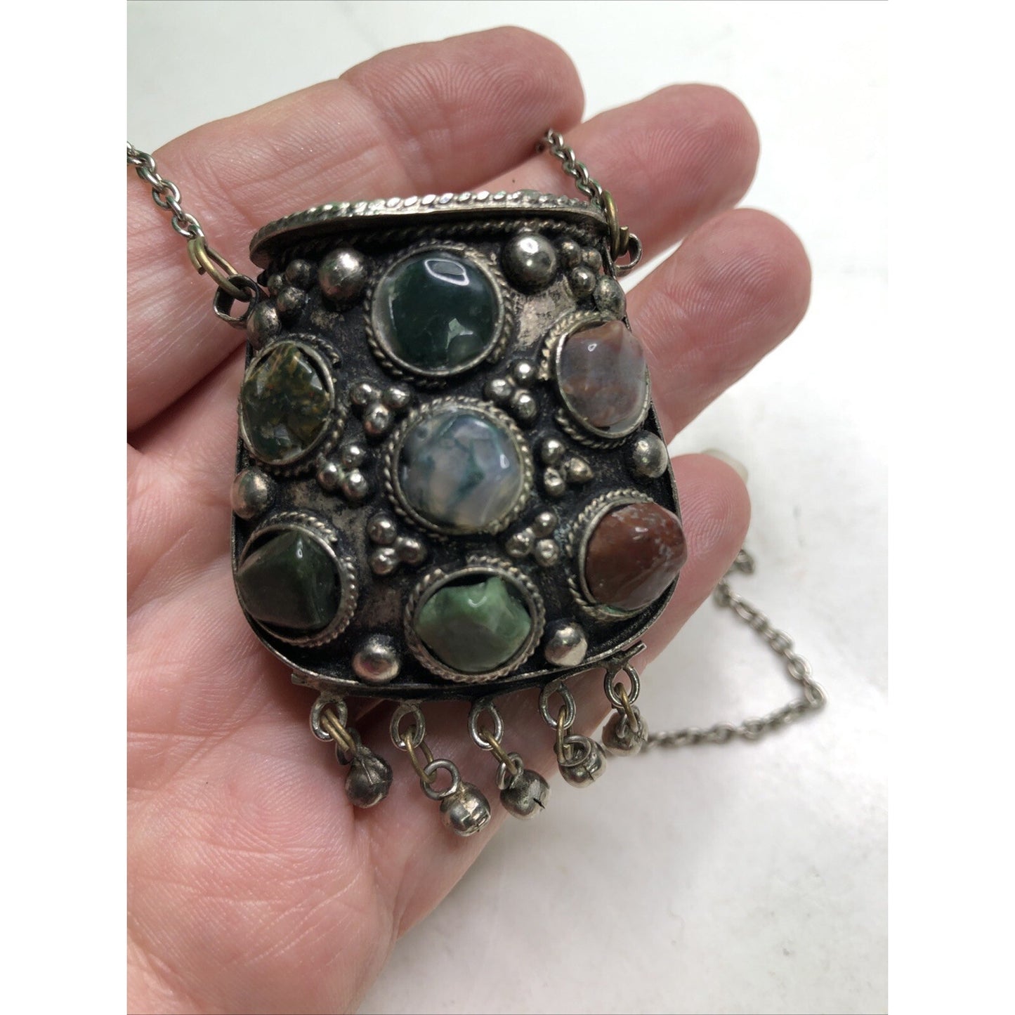 Vintage Sajai Metal Coin Purse Semi Precious Stones Kuchi Prayer Box Necklace