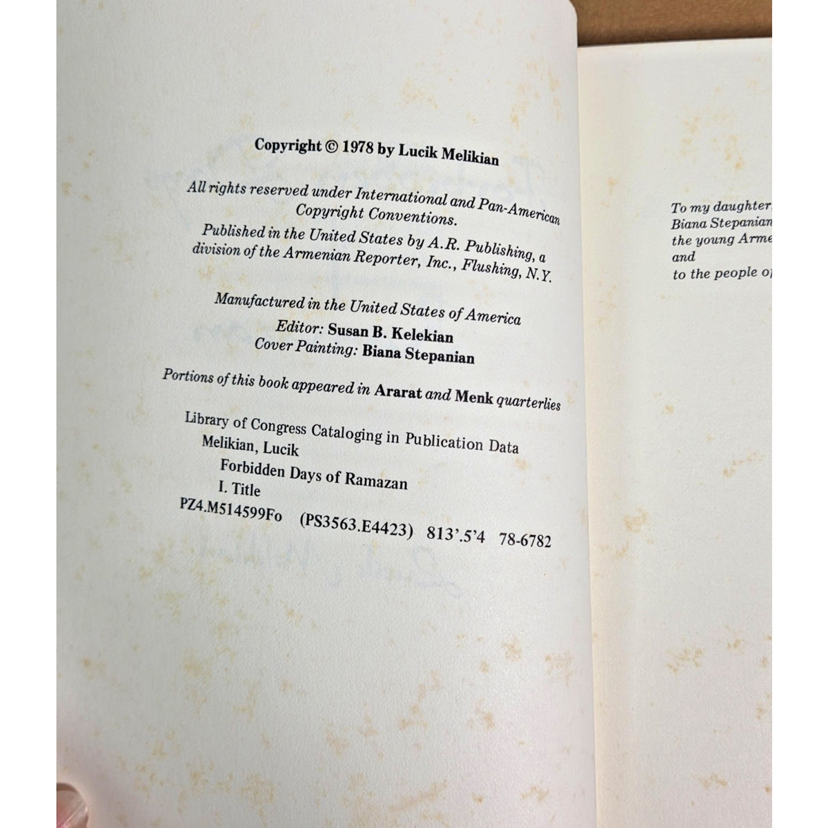 SIGNED 1978 Forbidden Days of Ramazan by Lucik Melikian Paperback Edition