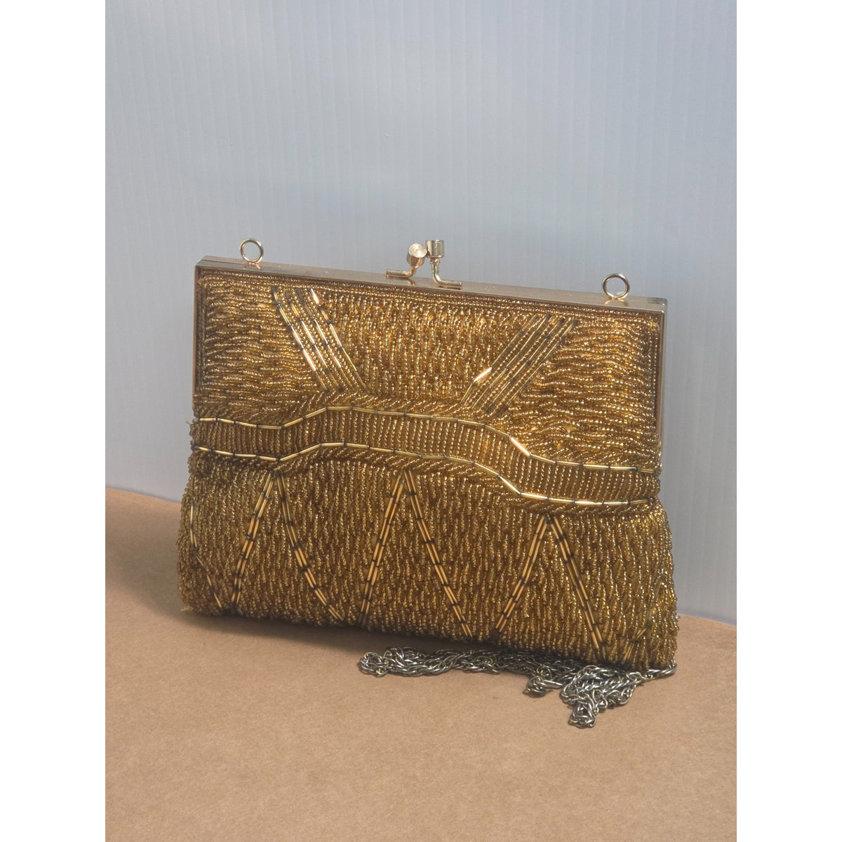 Vintage Laura Gold Beaded Art Deco Sunburst Evening Bag Clutch