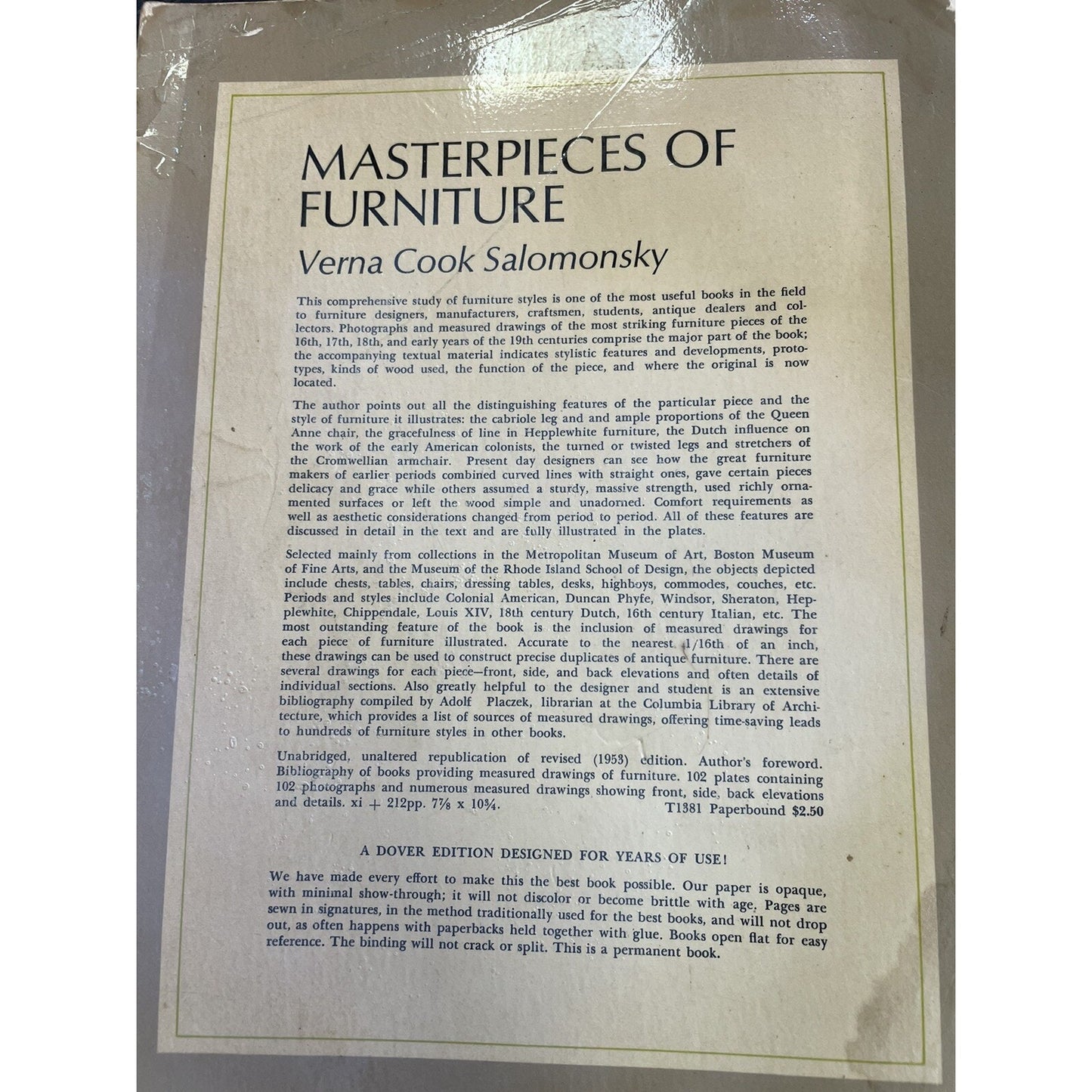 MASTERPIECES OF FURNITURE , IN PHOTOGRAPHS AND MEASURED DRAWINGS Dover 1953