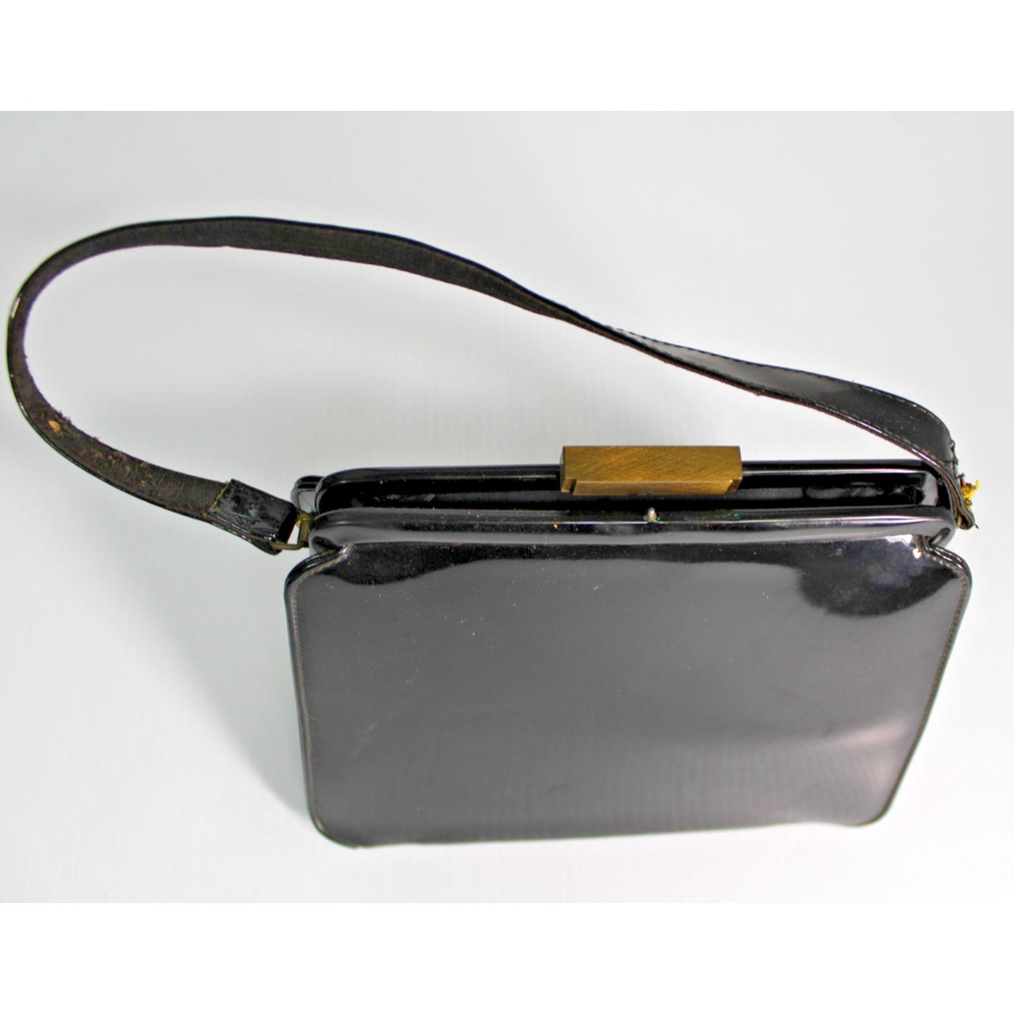 Vintage 1950s 1960s Black Patent Structured Frame Handbag Gold Bar Clasp MCM