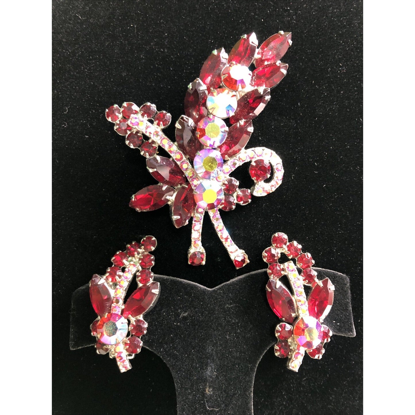 Vintage Rhinestone Brooch & Clip On Earring Set Red