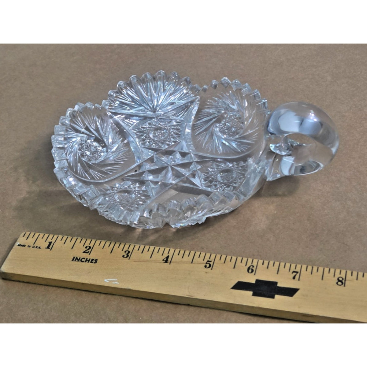 Vintage Cut Crystal Pinwheel Handled Nappy Dish Candy Bowl 6"