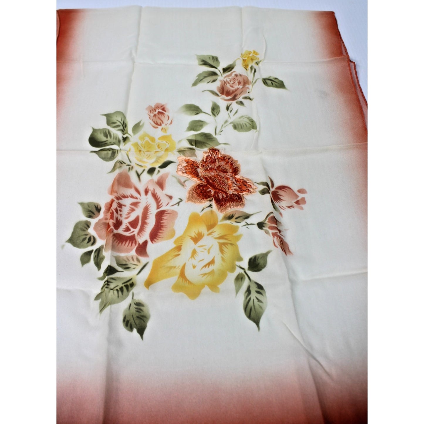 Vintage Japan Oblong Hand Painted Ombre Embroidered Rayon Organza Floral Scarf