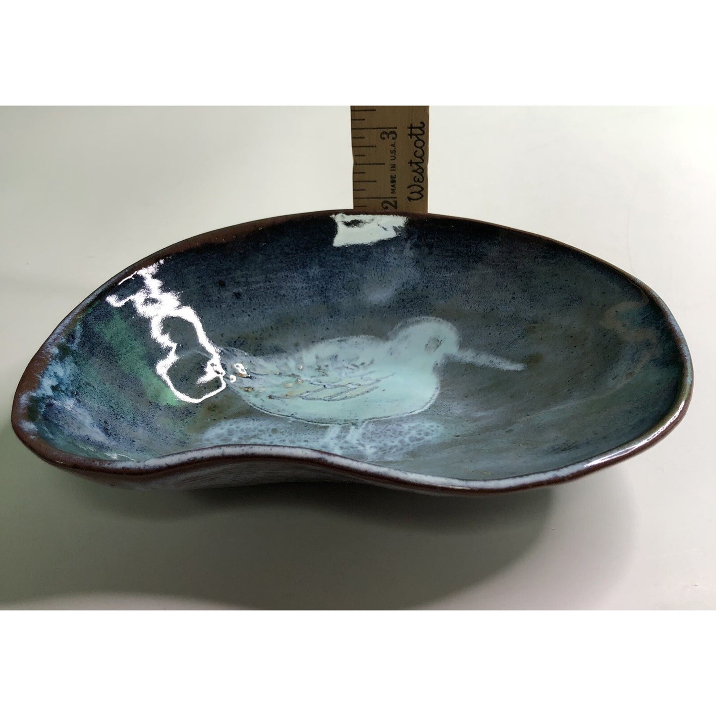 Vintage MCM Freeform DISH Bowl Studio Art Pottery w/ BIRD Blue Glaze Signed M V