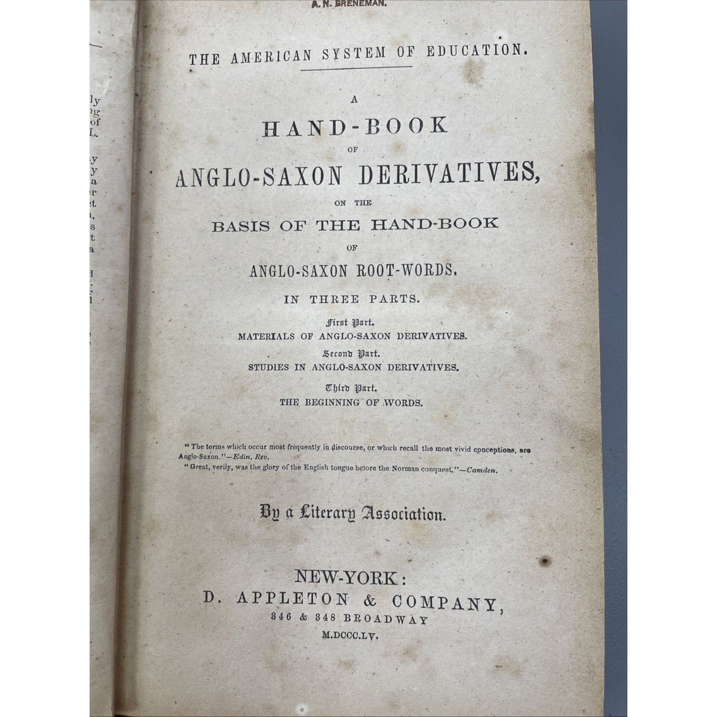 1854 HC The American System of Education A Hand-Book of Anglo-Saxon Derivatives