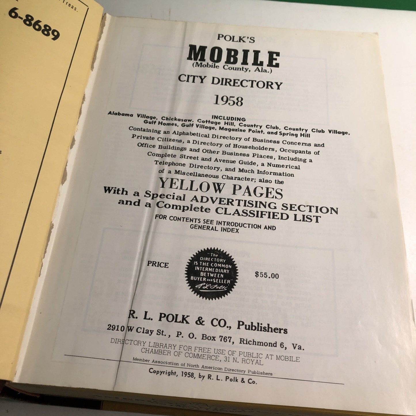 1958 R. L. Polk Mobile County Alabama City Directory Advertising History AL ALA