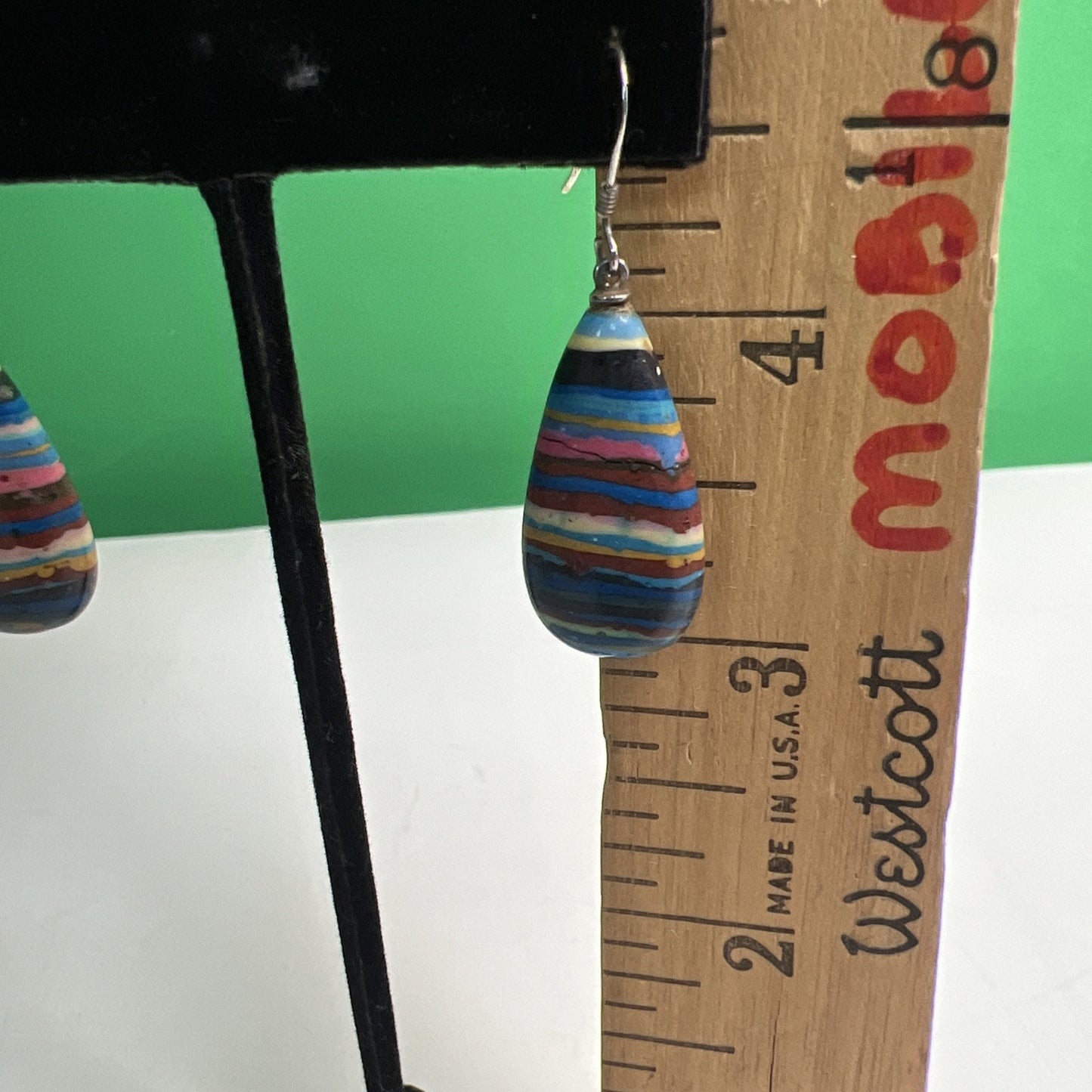 Vintage Rainbow Calsilica Teardrop Shaped Dangle Pierced Earrings Bohemian