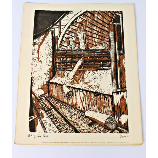 Vintage Woodcut by Ted Davies- Scott Paper Co Barking Drum, Mobile, AL 14" x 11"