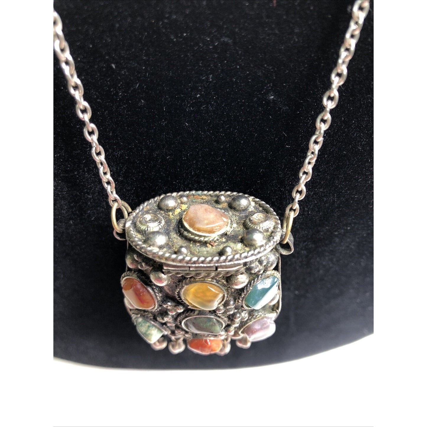 Vintage Sajai Metal Coin Purse Semi Precious Stones Kuchi Prayer Box Necklace